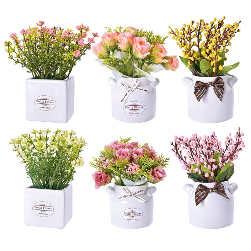 LUEUR 6Pcs Artificial Flowers with Ceramic Pot Fake Flower Arrangements Small Faux Spring Flowers in Vase Home Spring Decor, Centerpiece Table Decorations for Farmhouse Office Shelf Dining Table - Image 1